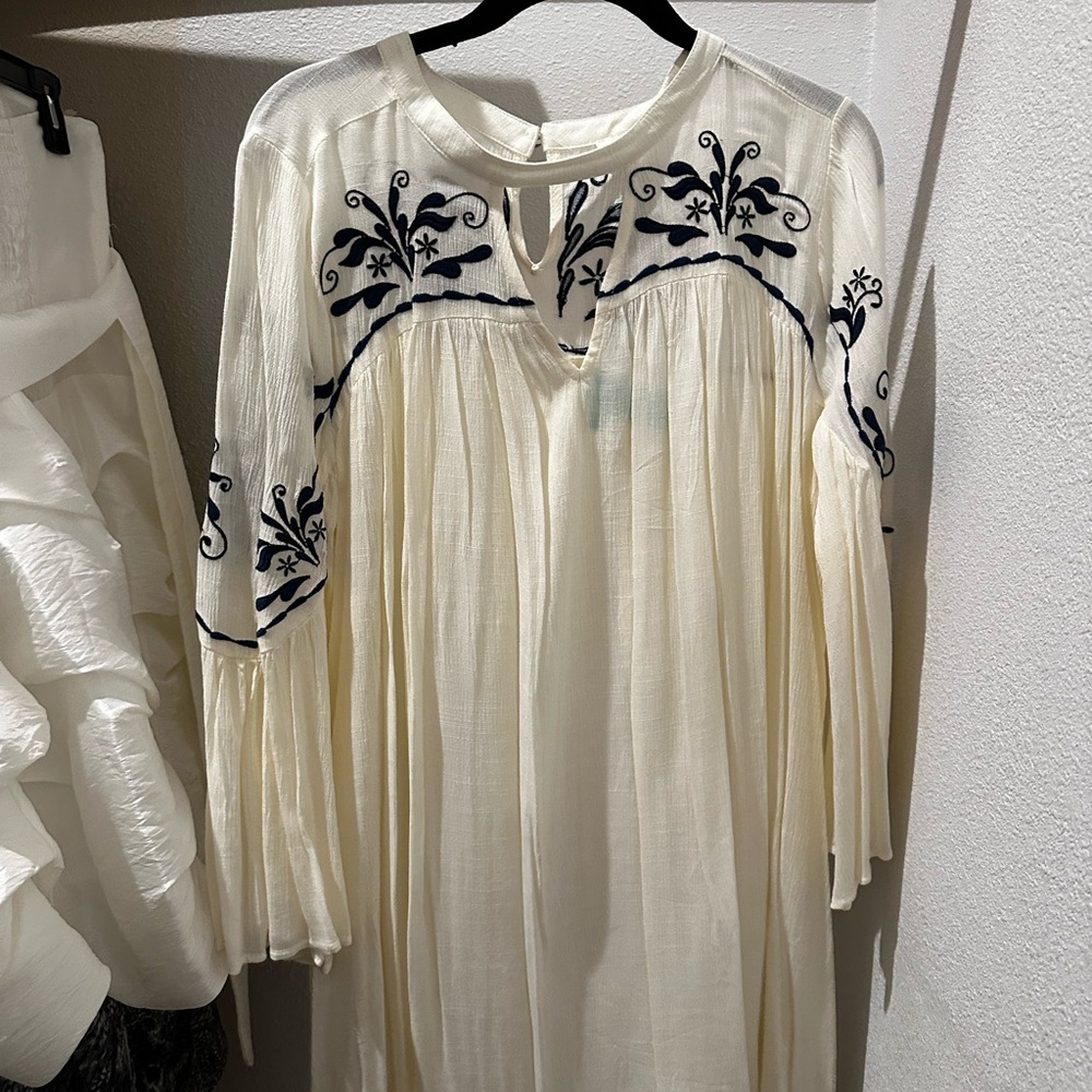 Embroidered Cream Long Sleeve Tunic Dress